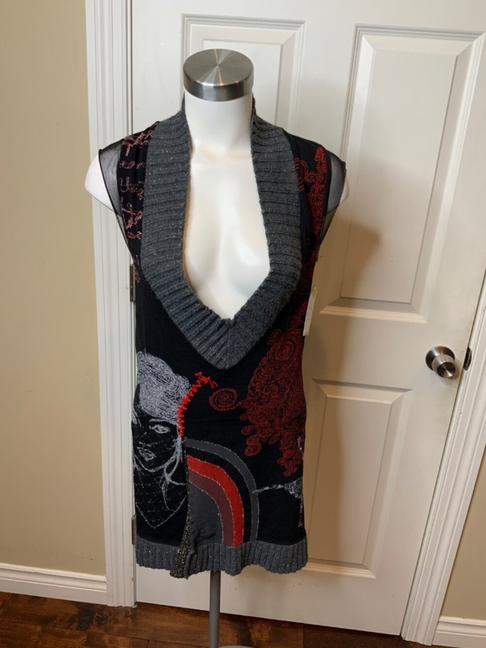 Desigual Black Shimmering Portrait Mini Dress w/ Rib Knit Trim, Size L
